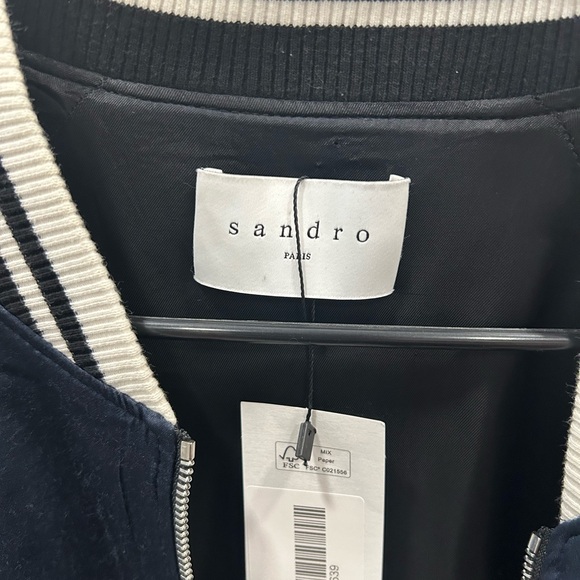 SANDRO Black & Blue Satin Bomber Jacket Large - Picture 6 of 8